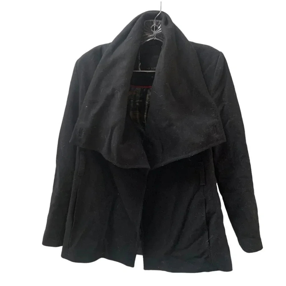 Ted Baker Black Virgin Wool Drape Wrap Coat